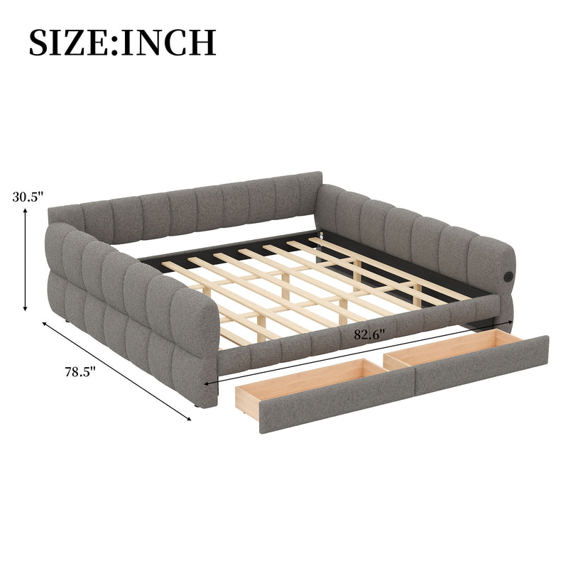 Dreamland upholstered platform bed with USB charging ports and two storage drawers, showcasing a modern, padded headboard and sleek design.