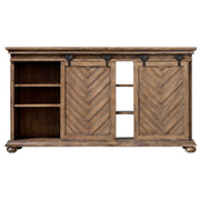 Uttermost Primalia barn door media console in light brown wood with black metal accents and sliding barn door design.