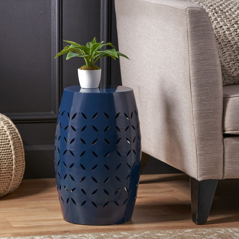 Navy blue outdoor lace cut side table by Noble House with intricate lace pattern and sturdy metal frame for patio decor.