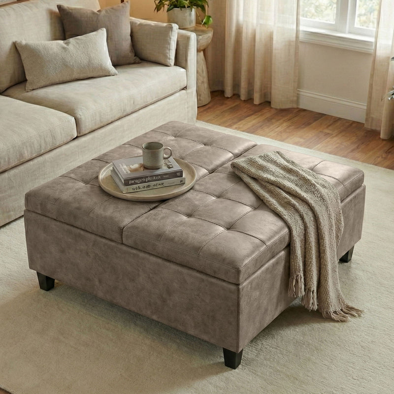 Brown Harrison Square Coffee Table Ottoman by Simpli-Home with a sleek, modern design and soft cushioned top.