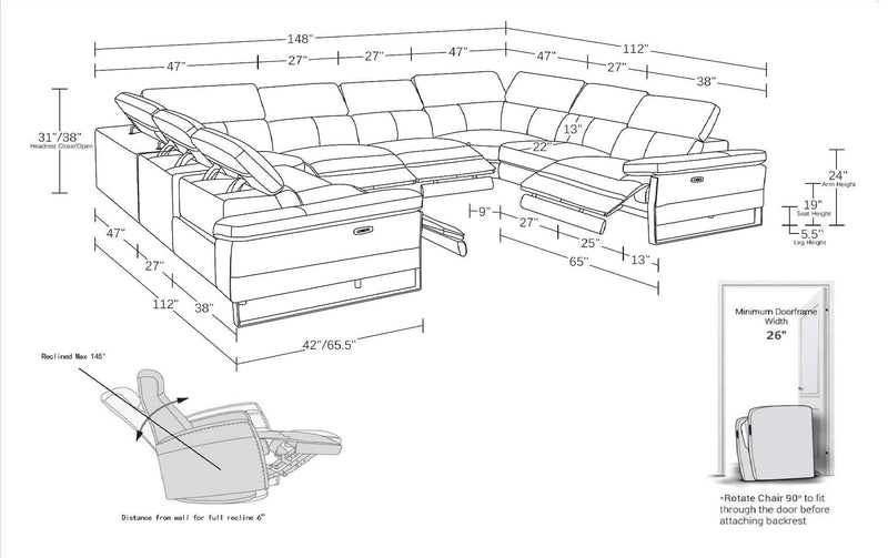 1246 - 8-Piece U-Shaped Modular Power Reclining Sectional With 4 Power Recliners And Power Headrests