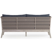 Slate gray outdoor sofa from Simpli-Home Santiago collection with cushioned seating and armrests, ideal for outdoor lounging.