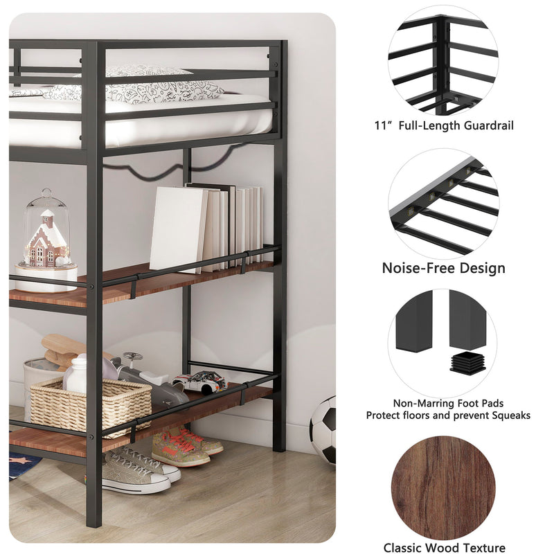 Adam - Twin Loft Bunk Bed With Cinnamon Wood Shelf - Black - R&R Furniture Gallery (Fountain Valley, CA)