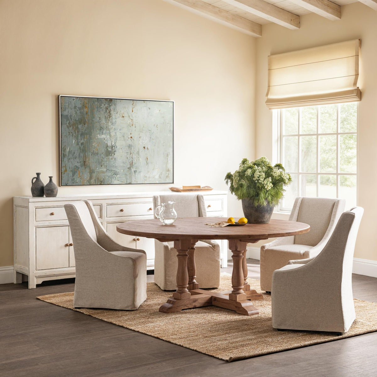 Classic Home Marina 72-inch dining table in Hampton Sand with a sleek wooden surface and sturdy legs, ideal for dining rooms.