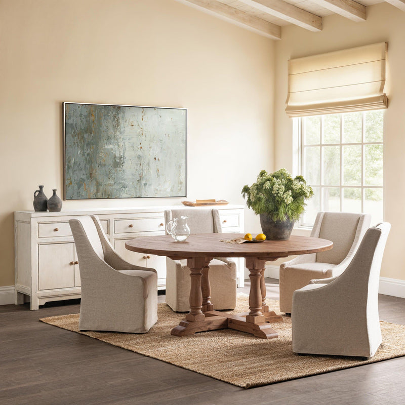 Classic Home Marina 72-inch dining table in Hampton Sand with a sleek wooden surface and sturdy legs, ideal for dining rooms.