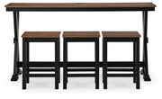 Signature Design by Ashley rectangular brown and black dining room table set with four matching counter-height chairs.