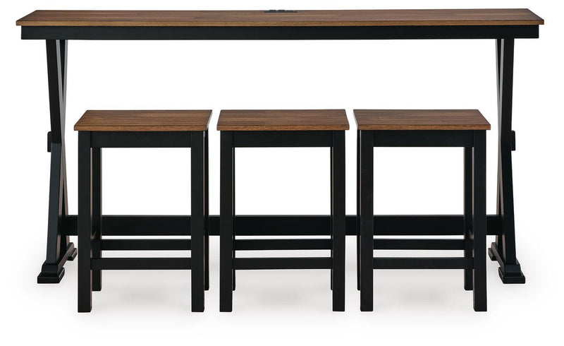 Signature Design by Ashley rectangular brown and black dining room table set with four matching counter-height chairs.