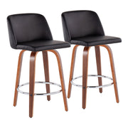 Lumi Source Toriano mid-century modern counter stool set with round footrest, black upholstery, and wooden legs, two stools.
