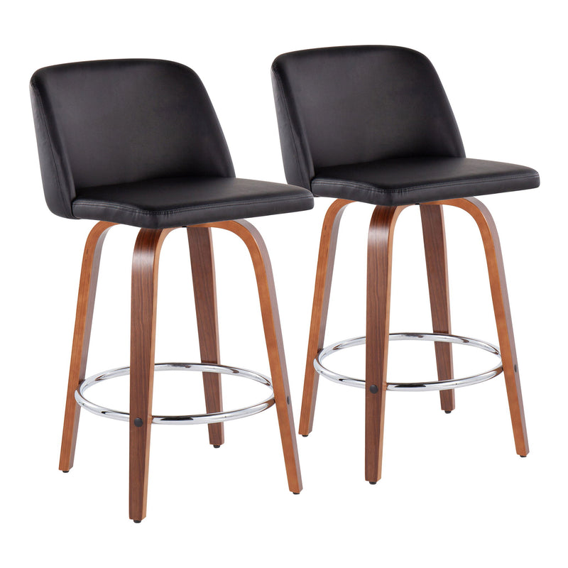 Lumi Source Toriano mid-century modern counter stool set with round footrest, black upholstery, and wooden legs, two stools.