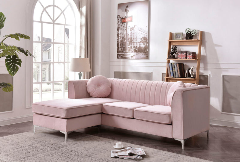 Glory Furniture Delray Micro Suede Sofa Chaise in beige, stationary sectional with plush cushions and sleek design.