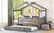 DreamHaus creativity house bed with twin size trundle, featuring a playful house-shaped design and a convenient pull-out underbed.