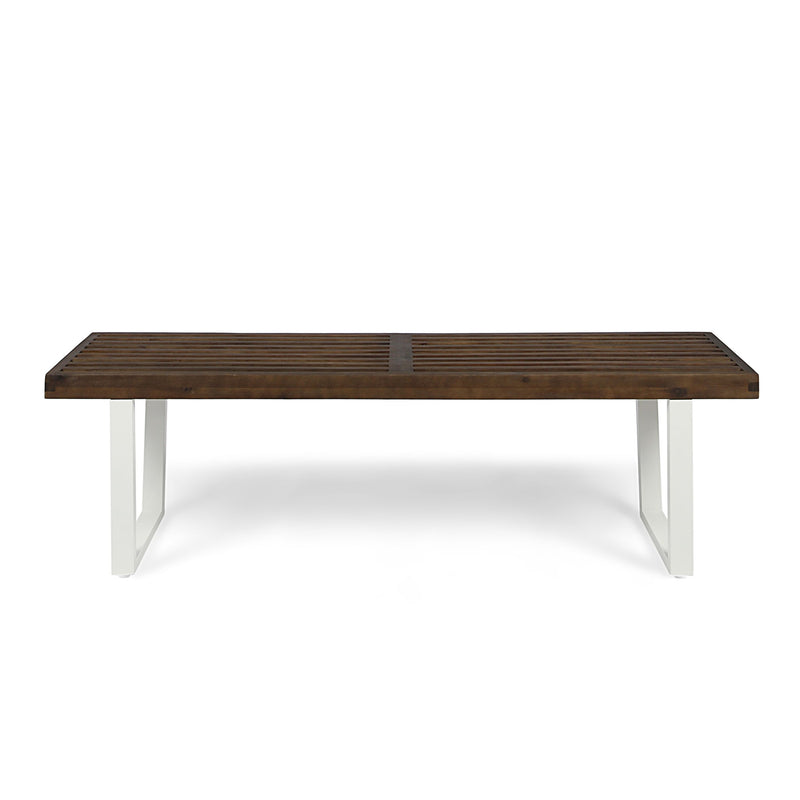 Noble House Intrinsic outdoor dining bench with slat top, sturdy wooden construction, ideal for patio or garden seating.
