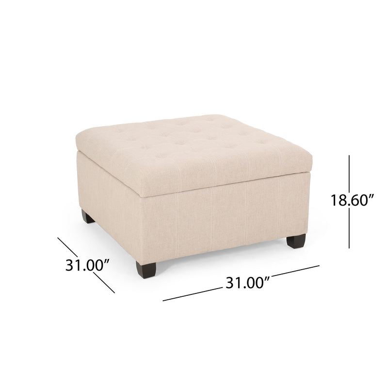 Noble House Isabella contemporary storage ottoman with cushioned top and wooden legs, suitable for living room decor.