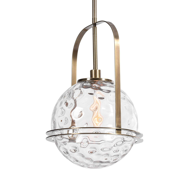 Uttermost Mimas 1 Light Globe Pendant in gold hanging light fixture with a sleek, modern design and clear glass globe.