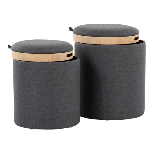 Lumi Source contemporary nesting ottomans with matching trays, 2-piece living room set in modern design, fabric upholstery and wooden legs.