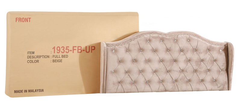 Transitional upholstered bed by Glory Furniture featuring a padded headboard and plush fabric for a stylish bedroom centerpiece.