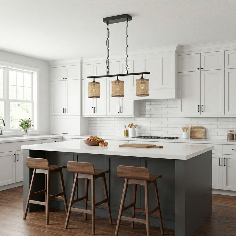 Elysian - 3 Lights Island With Natural Shade Farmhouse Chain Ceiling Lamp - Black / Rattan - R&R Furniture Gallery (Fountain Valley, CA)