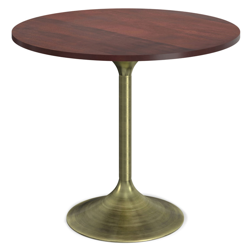 Walnut Radford round dining table by Simpli-Home with a smooth wooden surface and sturdy legs, ideal for contemporary dining rooms.