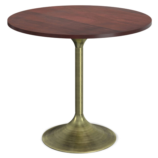 Walnut Radford round dining table by Simpli-Home with a smooth wooden surface and sturdy legs, ideal for contemporary dining rooms.