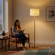 Stellar - Linen Shade Floor Lamp - Gold / Natural Wood / Rattan / White - R&R Furniture Gallery (Fountain Valley, CA)