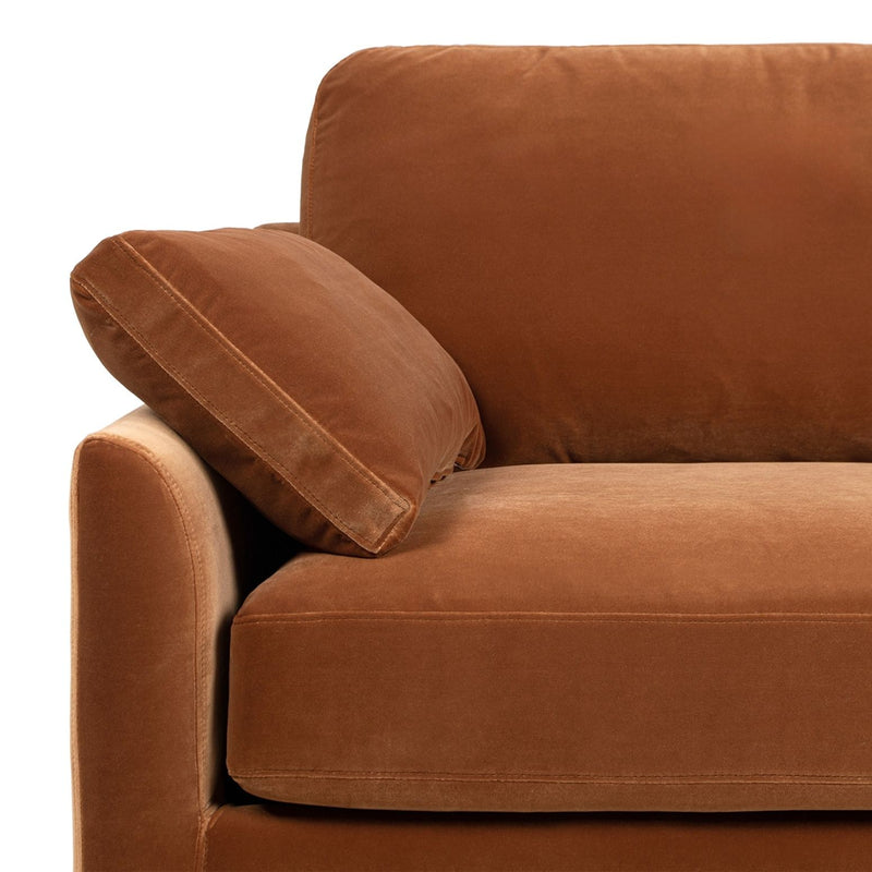 Jennifer Taylor Home Pasadena modern farmhouse sofa in beige with plush cushions and wooden legs, styled in a cozy living room setting.