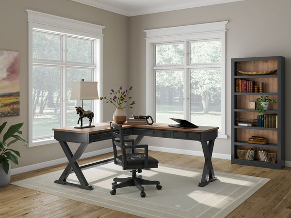 Wildenauer - 3 Pc. - Home Office Desk And Return, Swivel Desk Chair, Bookcase - Brown / Black