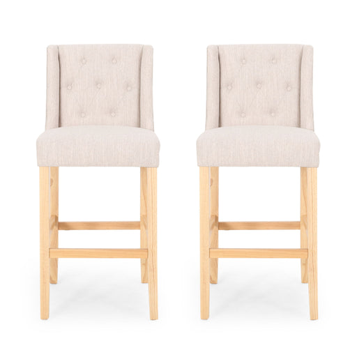 Set of two Noble House Ethereon tufted counter stools with upholstered seats and wooden legs, perfect for kitchen or bar area.
