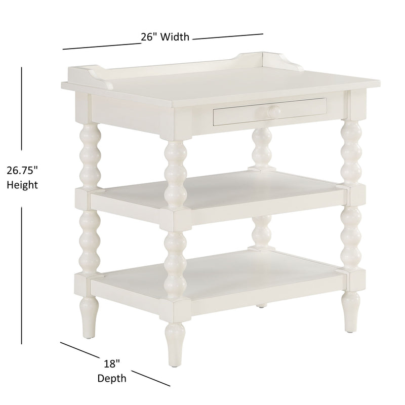 Aria - Nightstand With Styling, 2 Shelves, Pull Out Tray, Spool Turned Legs - Antique White - R&R Furniture Gallery (Fountain Valley, CA)