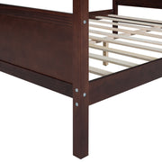 DreamHaus canopy platform bed with headboard, footboard, and slat support legs in a sleek, modern bedroom setting.