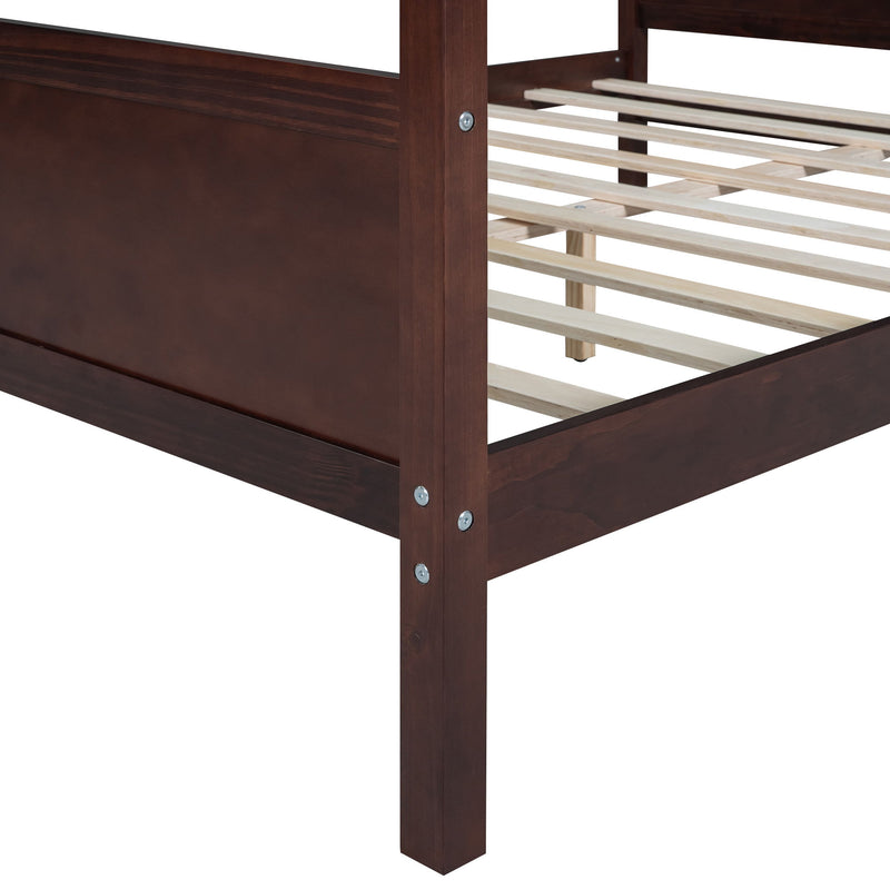 DreamHaus canopy platform bed with headboard, footboard, and slat support legs in a sleek, modern bedroom setting.