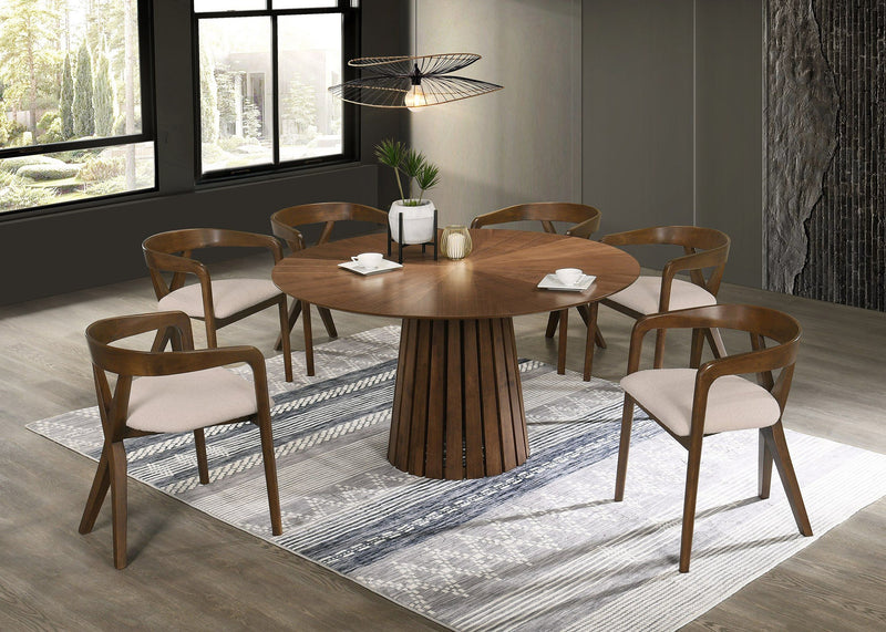 Weiss - Mid-Century Modern Walnut Round Dining Table + 6 Chair Set — view 5