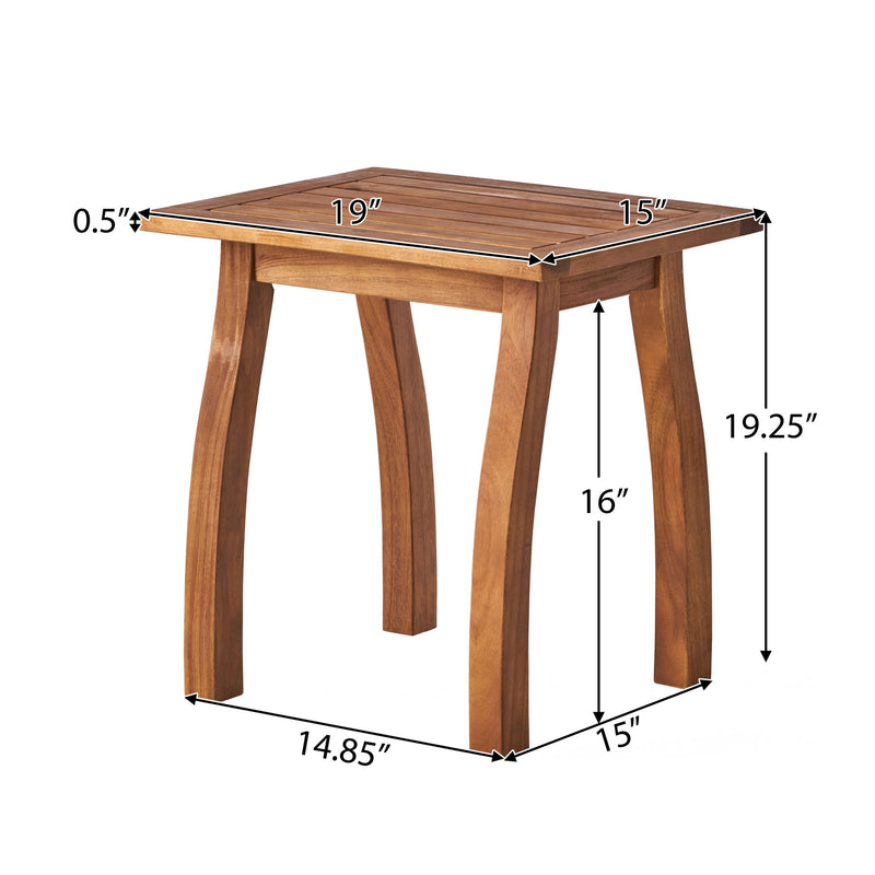 Noble House Kinesis outdoor side table with slatted top and wood frame, ideal for patio or garden furniture.