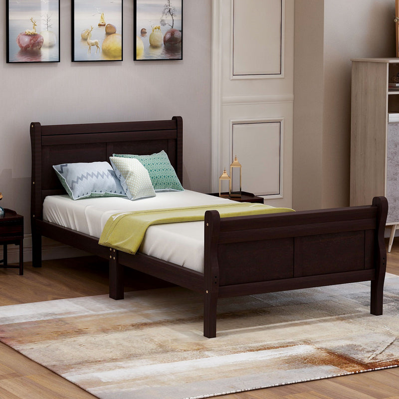 DreamHaus platform bed frame with headboard, footboard, and wood slat support, showcasing the sleigh-style design and sturdy construction.