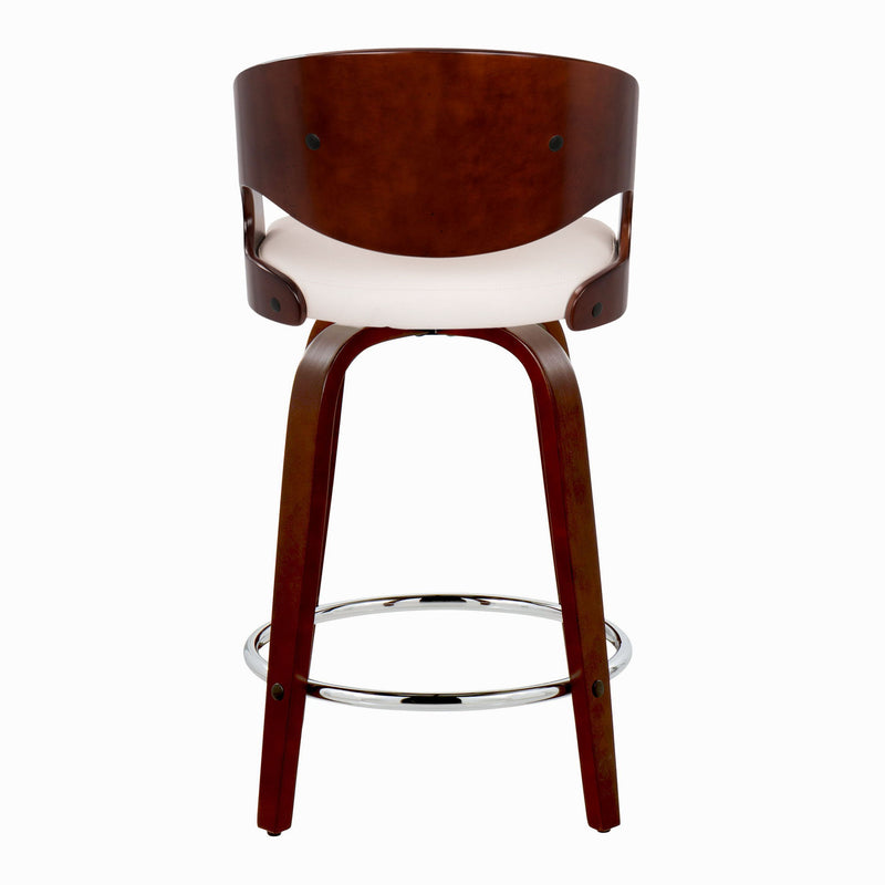 Lumi Source Pino mid-century modern fixed height barstools with swivel and round footrest, set of 2, featuring wooden seats and metal bases.