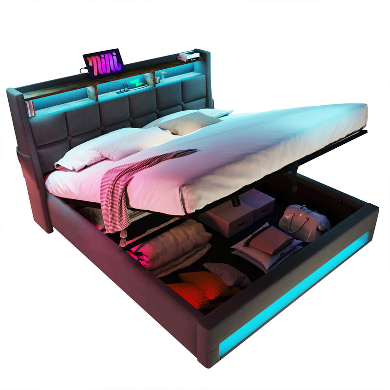 Artistry At Home upholstered platform storage bed with hydraulic lifts, LED lights, and USB charging ports, without mattress.