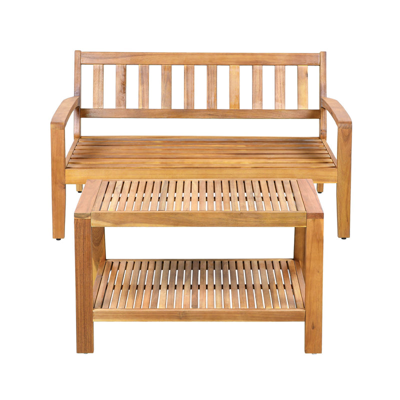 2 Piece Outdoor Conversation Set (Loveseat & Coffee Table With Water-Resistant Cushions) - Dark Blue / Teak - R&R Furniture Gallery (Fountain Valley, CA)