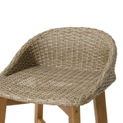 Set of two Noble House Beeson outdoor wicker and acacia wood barstools in brown with water-resistant cushions, suitable for patio use.