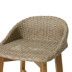 Beeson - Outdoor Wicker And Acacia Wood Barstools Set, Water Resistant - Brown