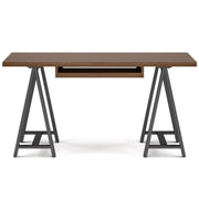 Handcrafted solid wood sawhorse desk used as a writing desk by Simpli-Home, showcasing a sturdy, natural wood finish and minimalist design.