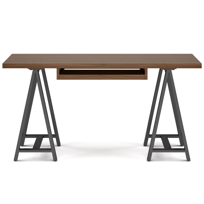 Handcrafted solid wood sawhorse desk used as a writing desk by Simpli-Home, showcasing a sturdy, natural wood finish and minimalist design.
