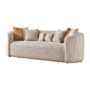 Michael Amini Gineverra stationary sofa in biscotti and ivory gold with elegant upholstery and plush cushions.