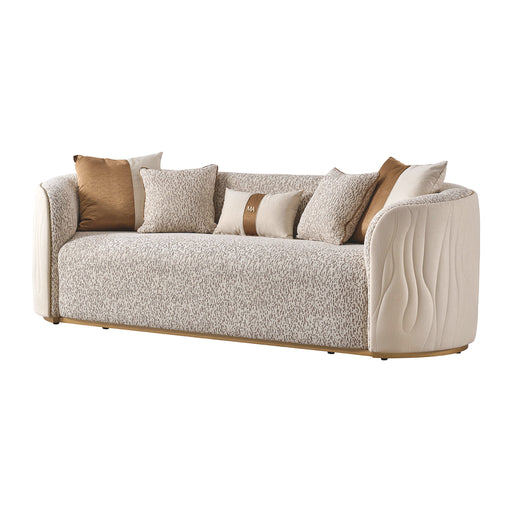 Michael Amini Gineverra stationary sofa in biscotti and ivory gold with elegant upholstery and plush cushions.