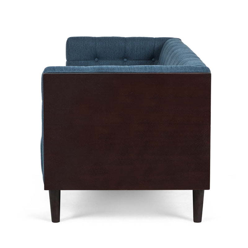 Noble House contemporary mid-century 3 seater sofa with button tufted waffle stitching, stationary design, in a modern living room setting.