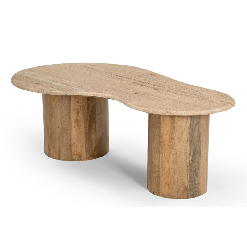 Sanford - Modern Travertine Marble + Wood Freeform Coffee Table — view 2