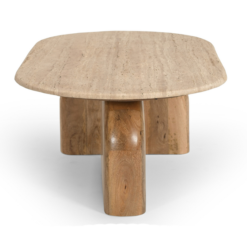 Kellison - Modern Travertine Marble + Wood Oval Coffee Table — view 2