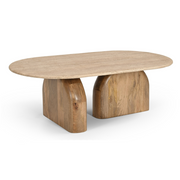 Kellison - Modern Travertine Marble + Wood Oval Coffee Table — view 3