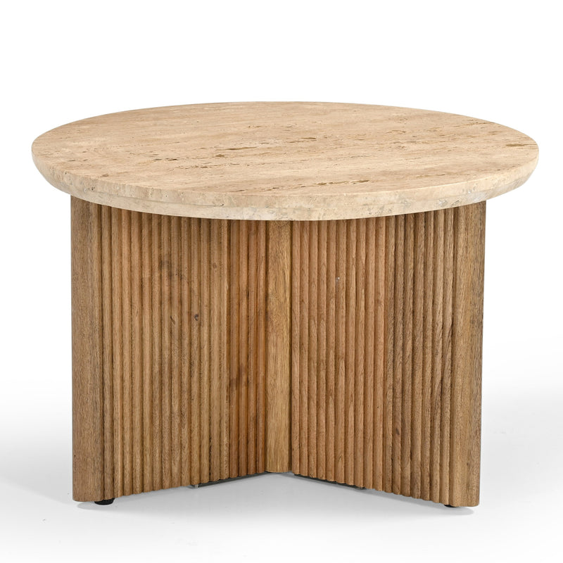 Pawnee - Modern Travertine Marble + Wood Round End Table