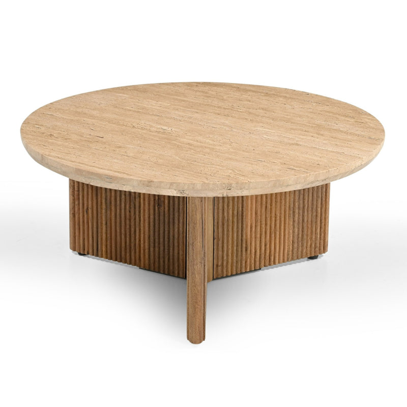 Pawnee - Modern Travertine Marble + Wood Round Coffee Table