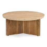 Pawnee - Modern Travertine Marble + Wood Round Coffee Table — view 3