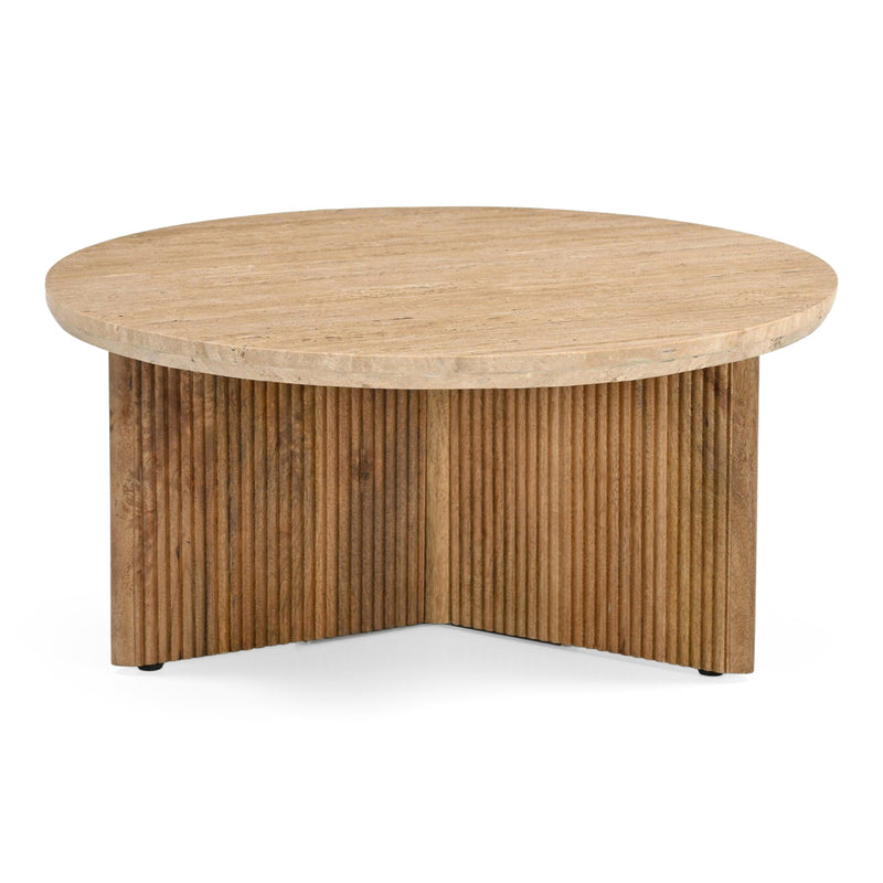 Pawnee - Modern Travertine Marble + Wood Round Coffee Table — view 3